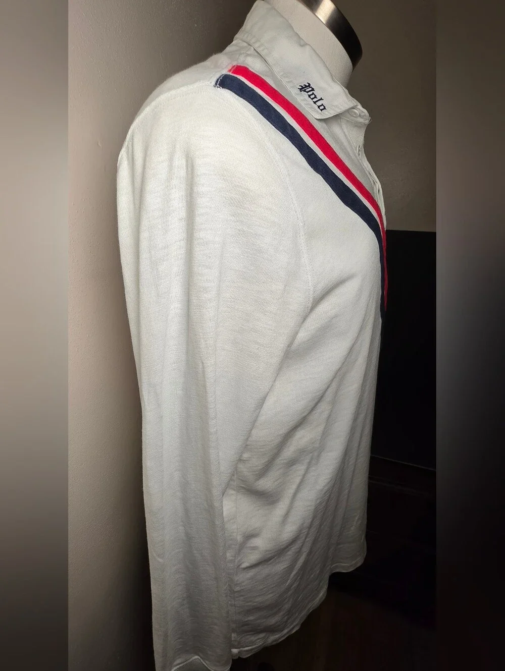 Polo by Ralph Lauren White Long-Sleeve Polo with Red & Navy V-Stripes